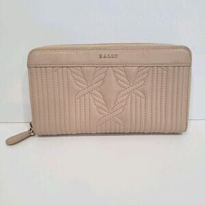 Bally Switzerland Zip Around Wallet Beige Tan 7x4 Large Logo Quilted Leather